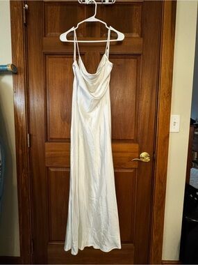 Selfie Lesie / Saint & Secrets / Elegant White Satin Cowl-Neck Maxi Slip Dress